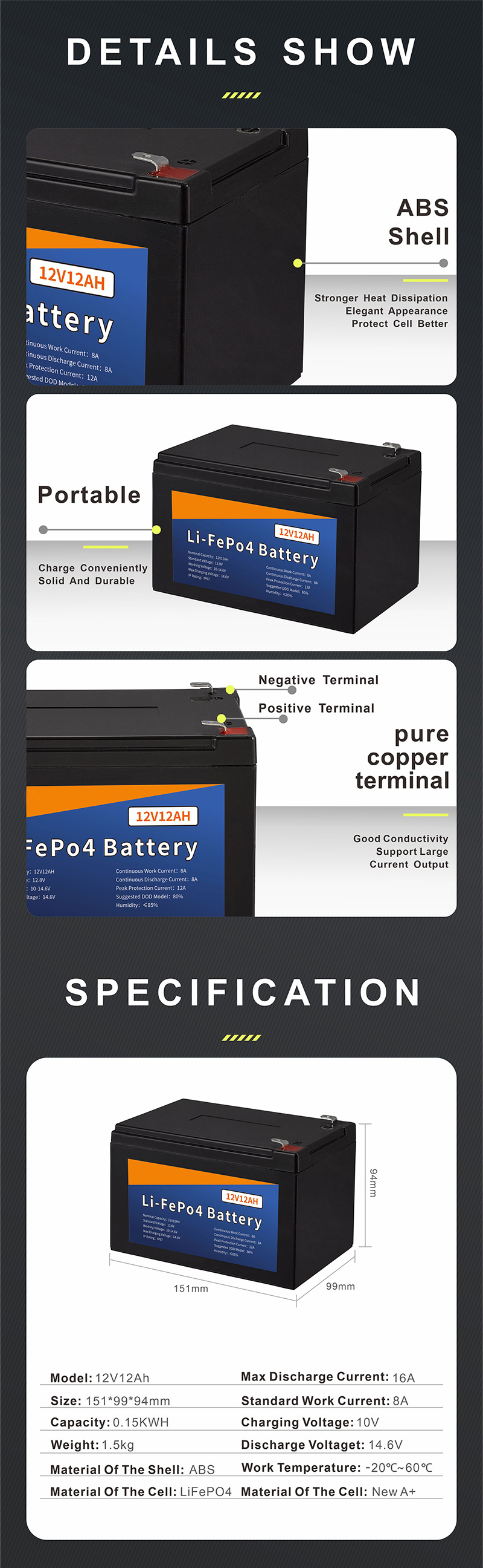 中性 磷酸铁锂电池12V12Ah 5