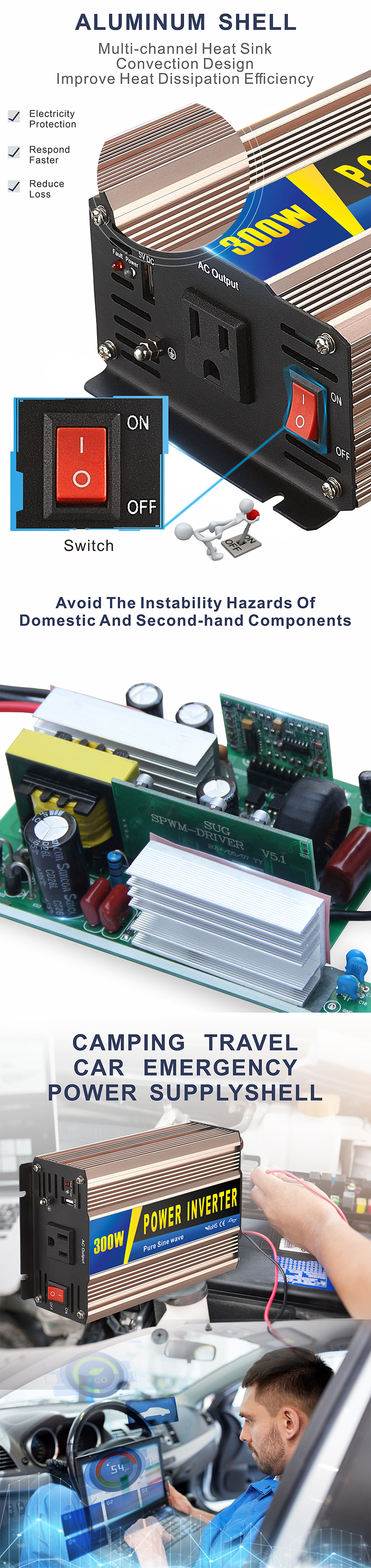 中性款 300W玫瑰金逆变器详情页3