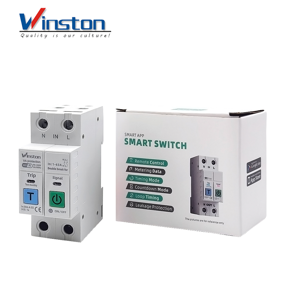 Winston 63A WiFi Smart Circuit Breaker RCBO 2P Leakage Protection Energy Metering Over Under Voltage Protection Tuya CE