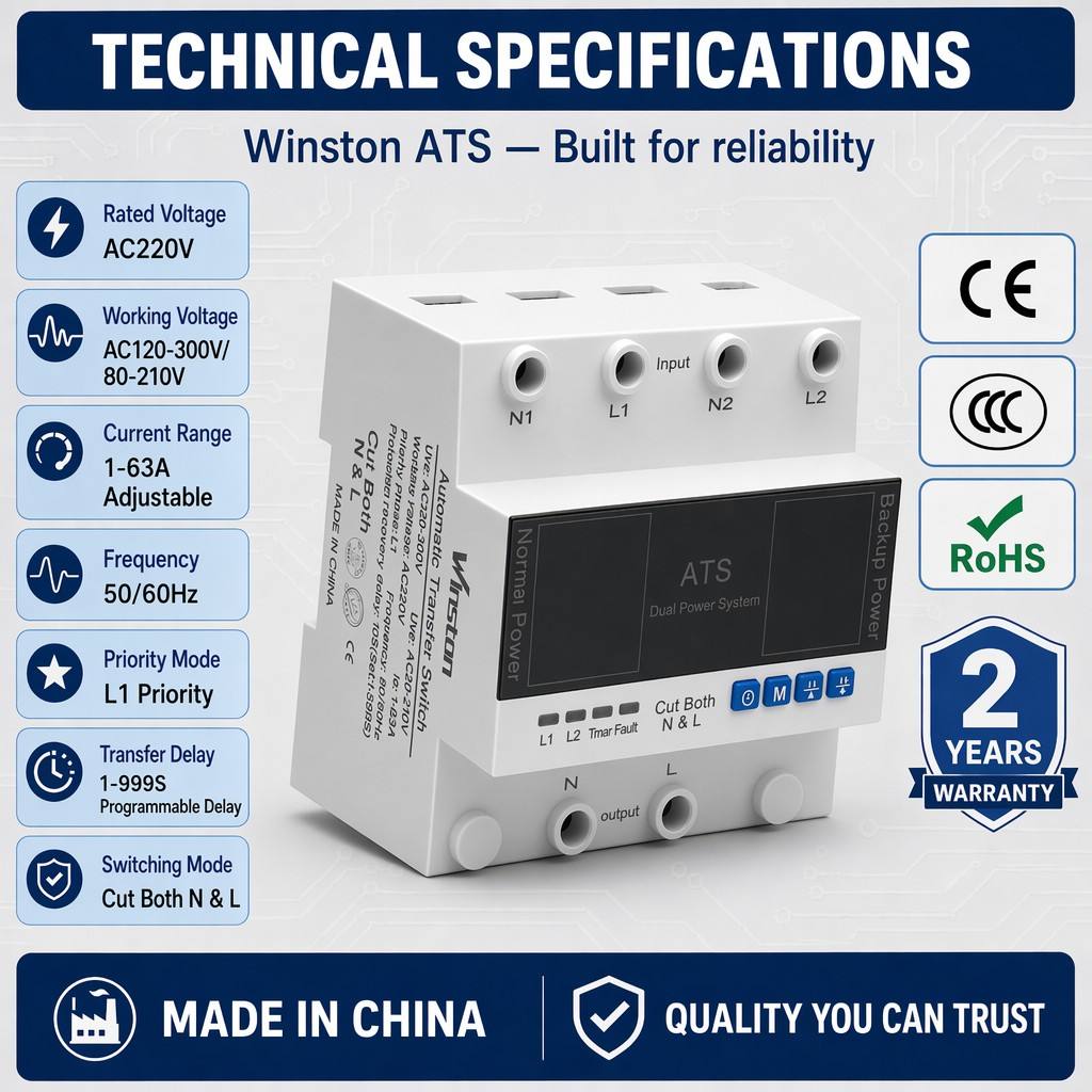 Dual Power Automatic Transfer Switch ATS MCU Control 1-63A AC220V 50/60Hz DIN Rail Mount Changeover Switch