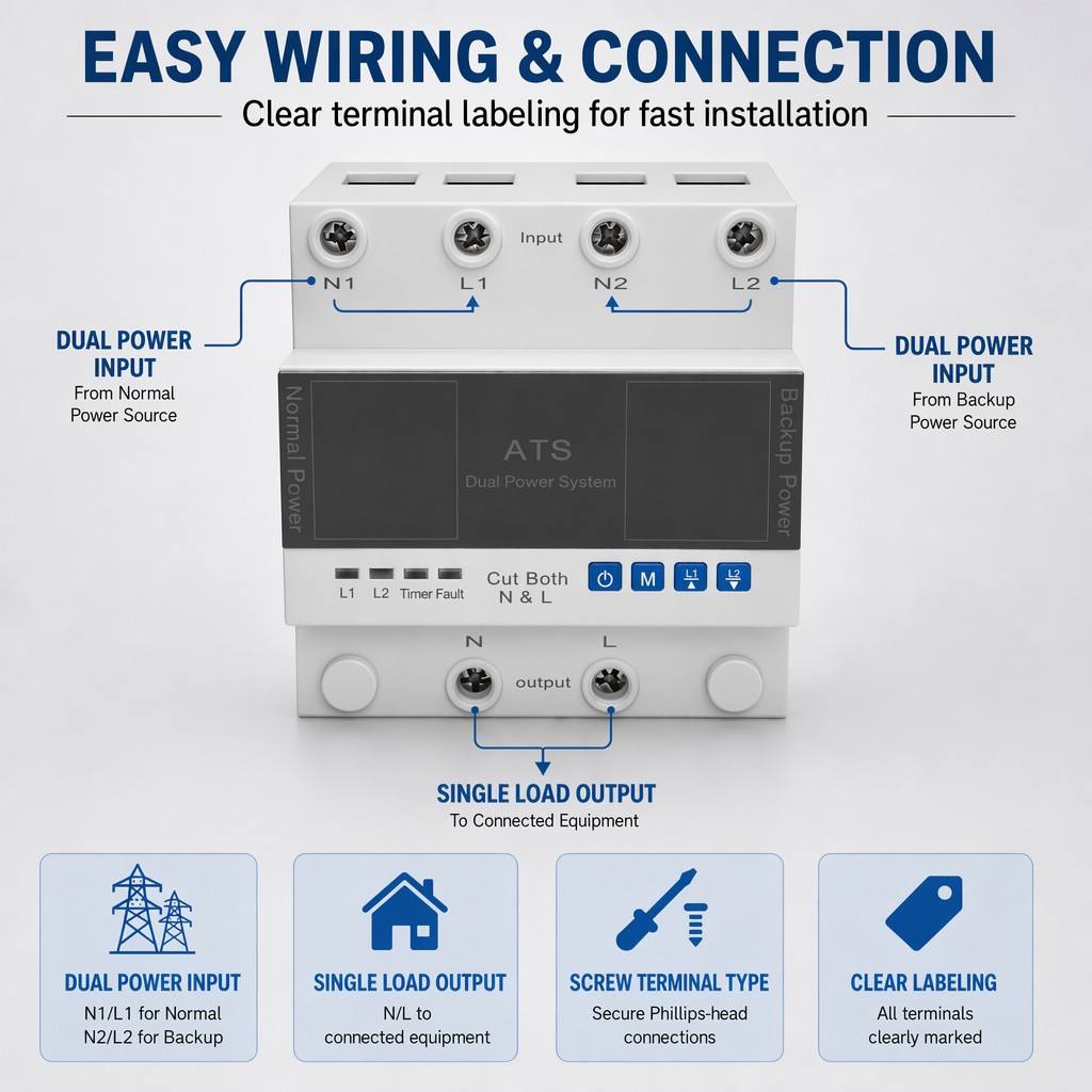 Dual Power Automatic Transfer Switch ATS MCU Control 1-63A AC220V 50/60Hz DIN Rail Mount Changeover Switch