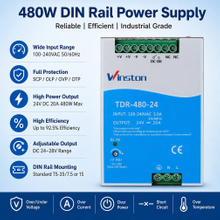 Industrial 480W 24V 20A DIN Rail Switching Power Supply AC-DC Single Output Active PFC High Efficiency for Automation PLC