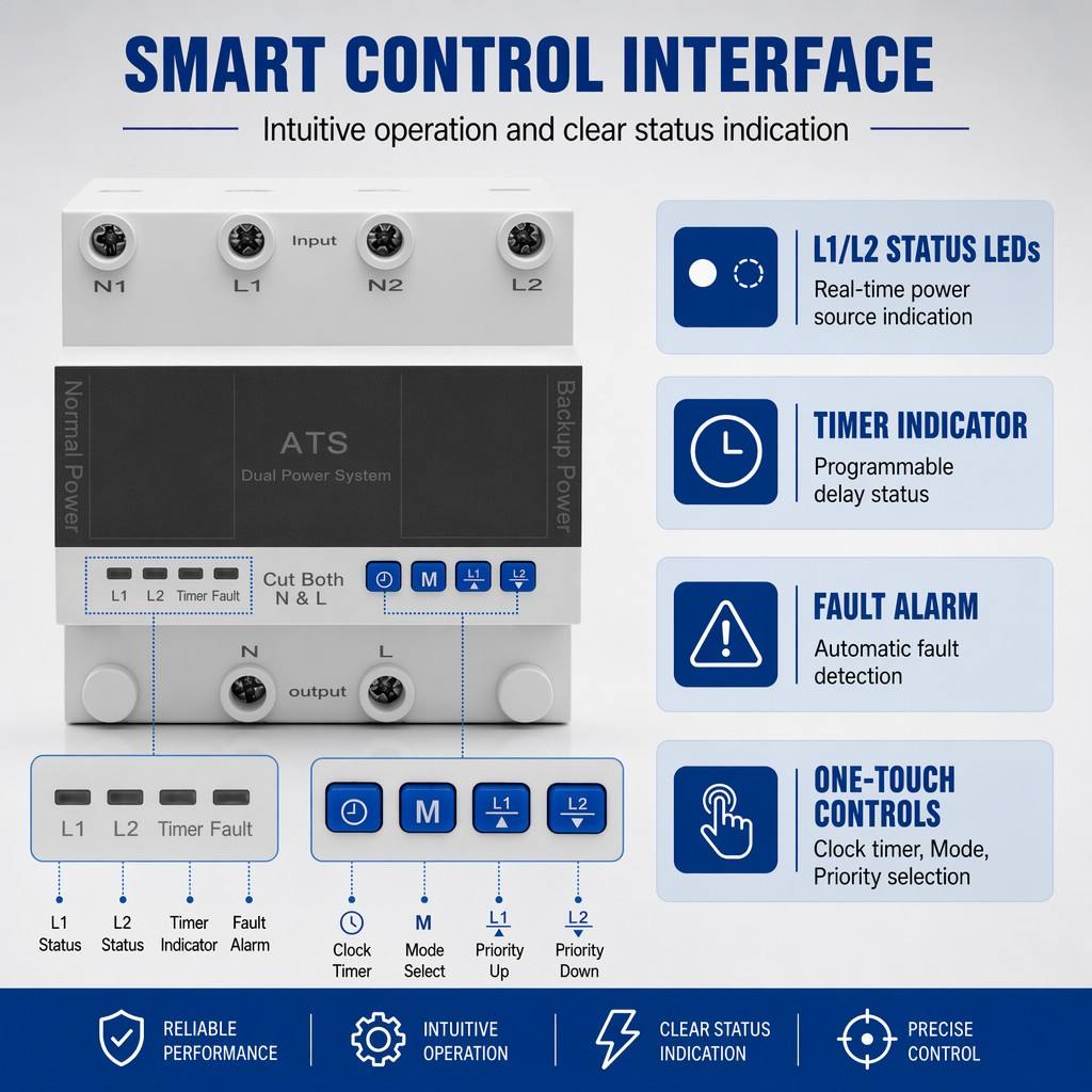 Dual Power Automatic Transfer Switch ATS MCU Control 1-63A AC220V 50/60Hz DIN Rail Mount Changeover Switch