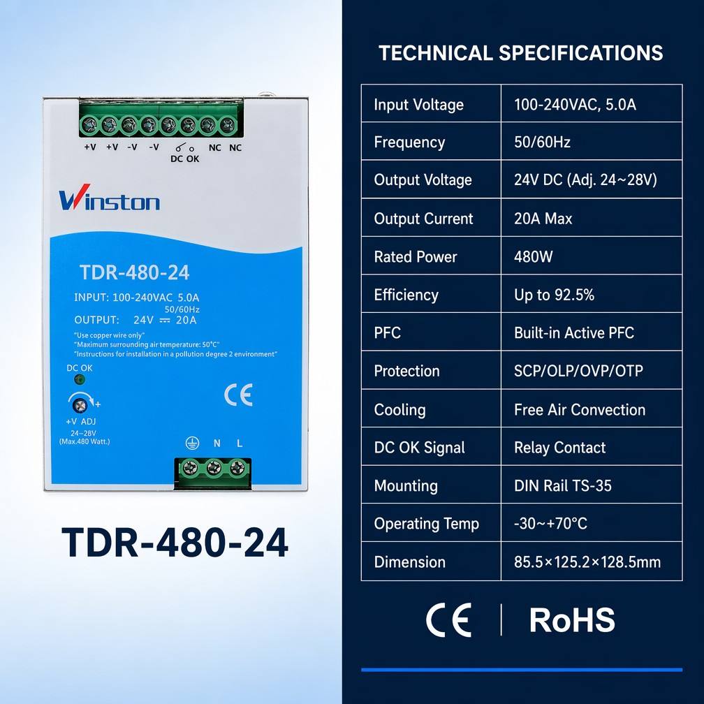 Industrial 480W 24V 20A DIN Rail Switching Power Supply AC-DC Single Output Active PFC High Efficiency for Automation PLC