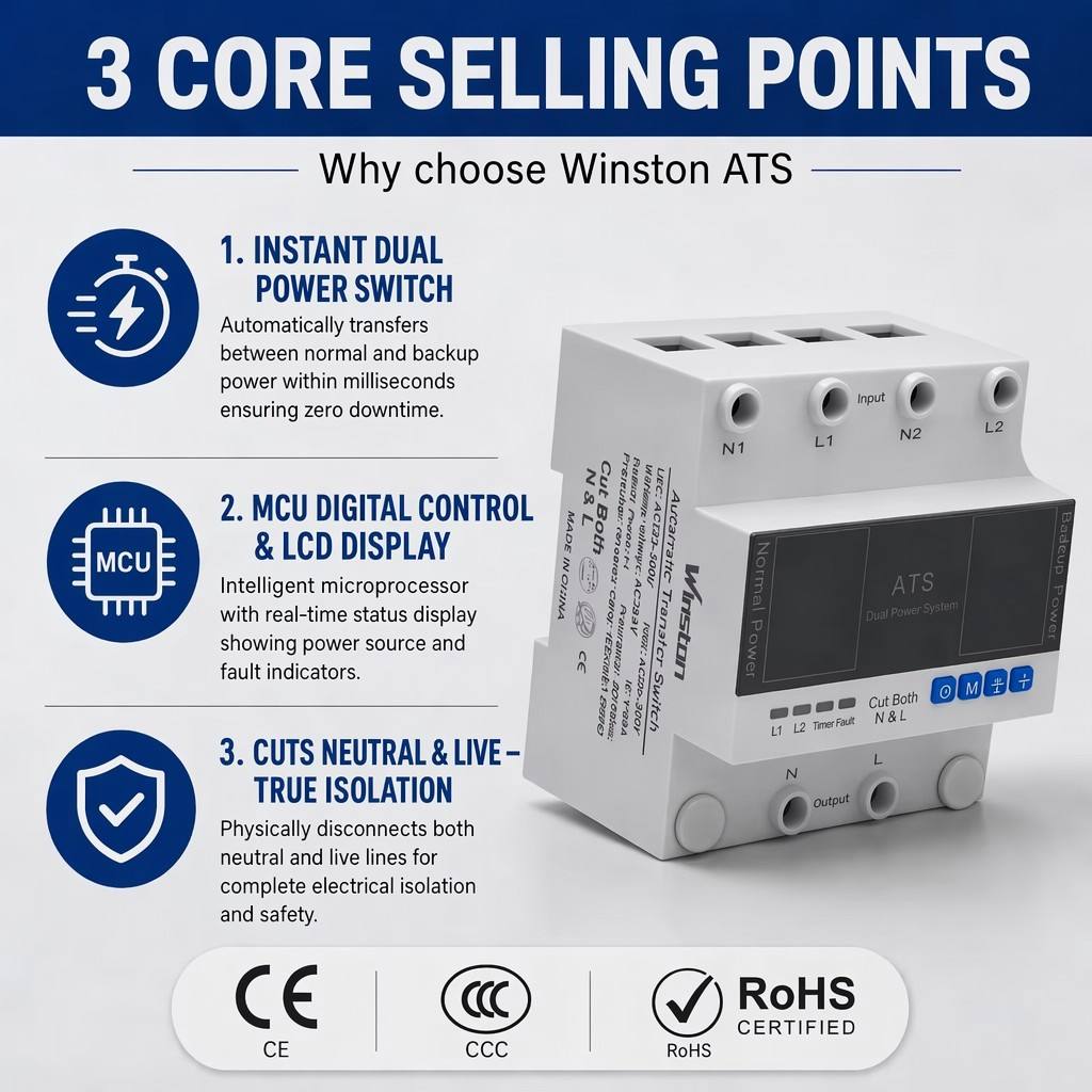 Dual Power Automatic Transfer Switch ATS MCU Control 1-63A AC220V 50/60Hz DIN Rail Mount Changeover Switch