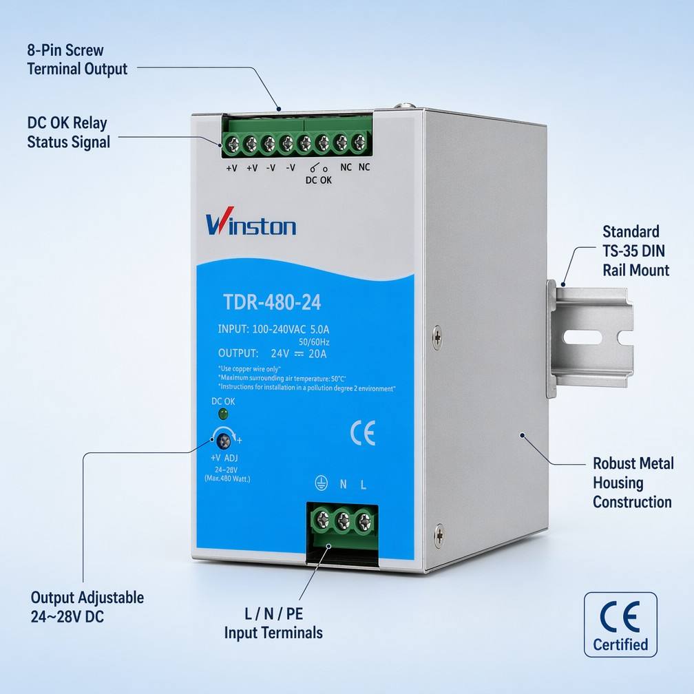 Industrial 480W 24V 20A DIN Rail Switching Power Supply AC-DC Single Output Active PFC High Efficiency for Automation PLC