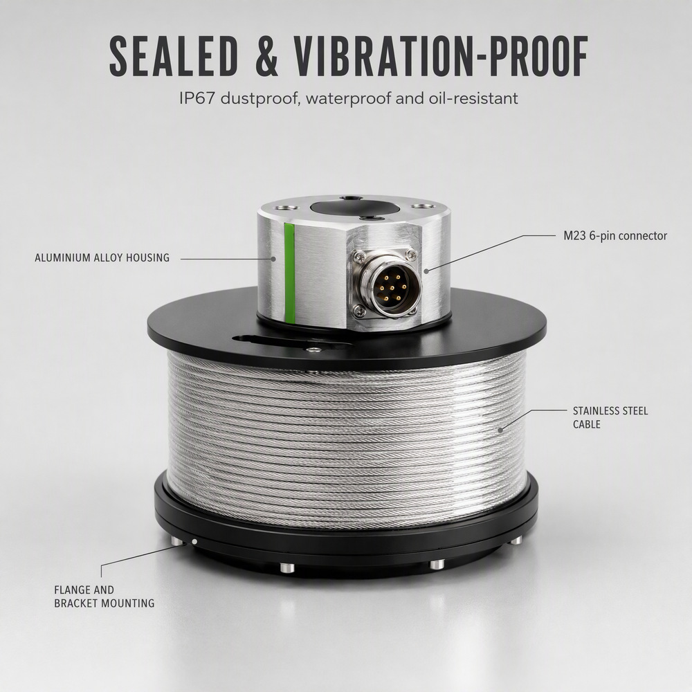 Draw Wire Sensor 20-3000mm Stroke String Potentiometer 12-24VDC IP67 for Rock Drill Feed Beam