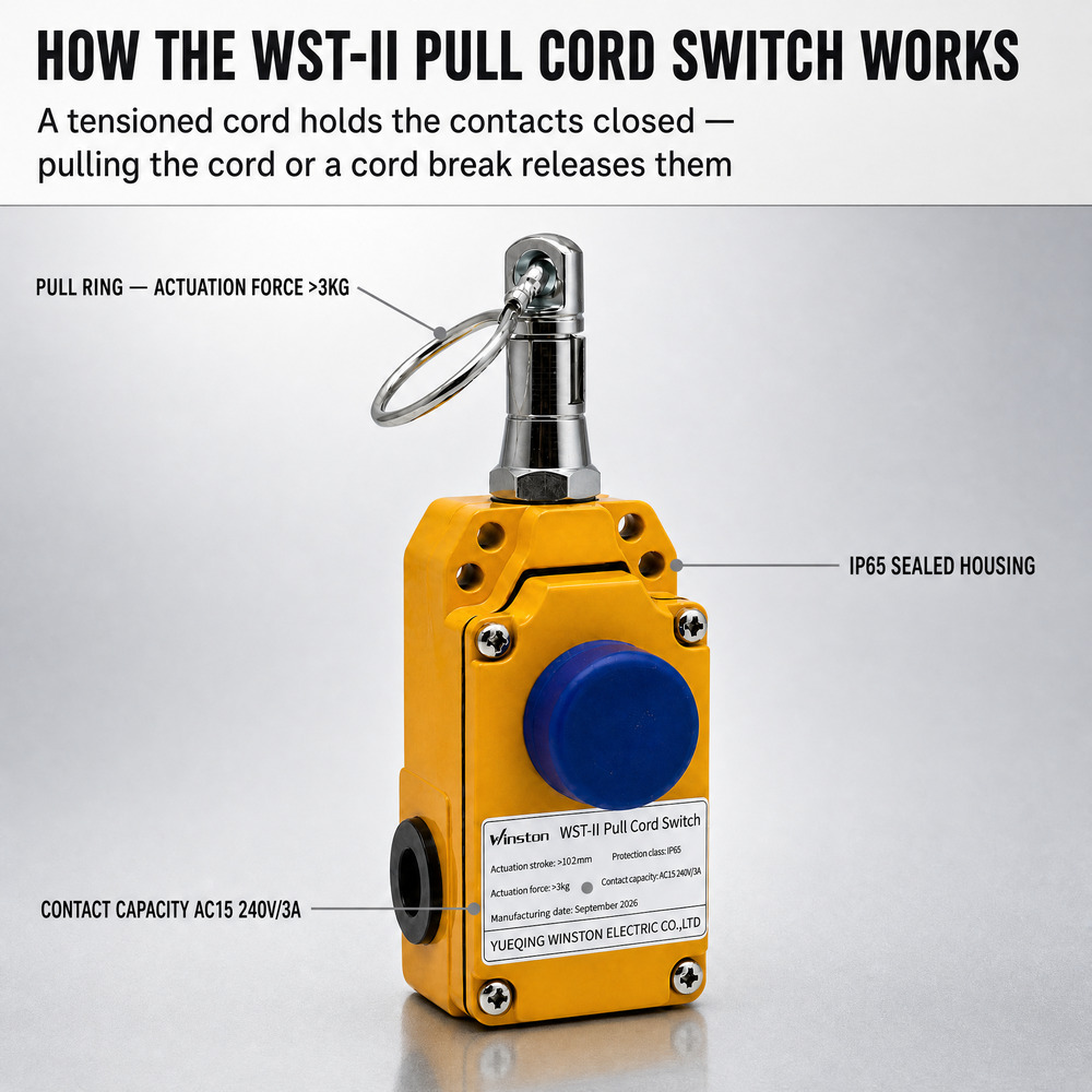 Industrial Conveyor Pull Cord Switch Safety Emergency Stop Rope Switch IP65 Cord Pull Switches AC15 240V/3A Electrical