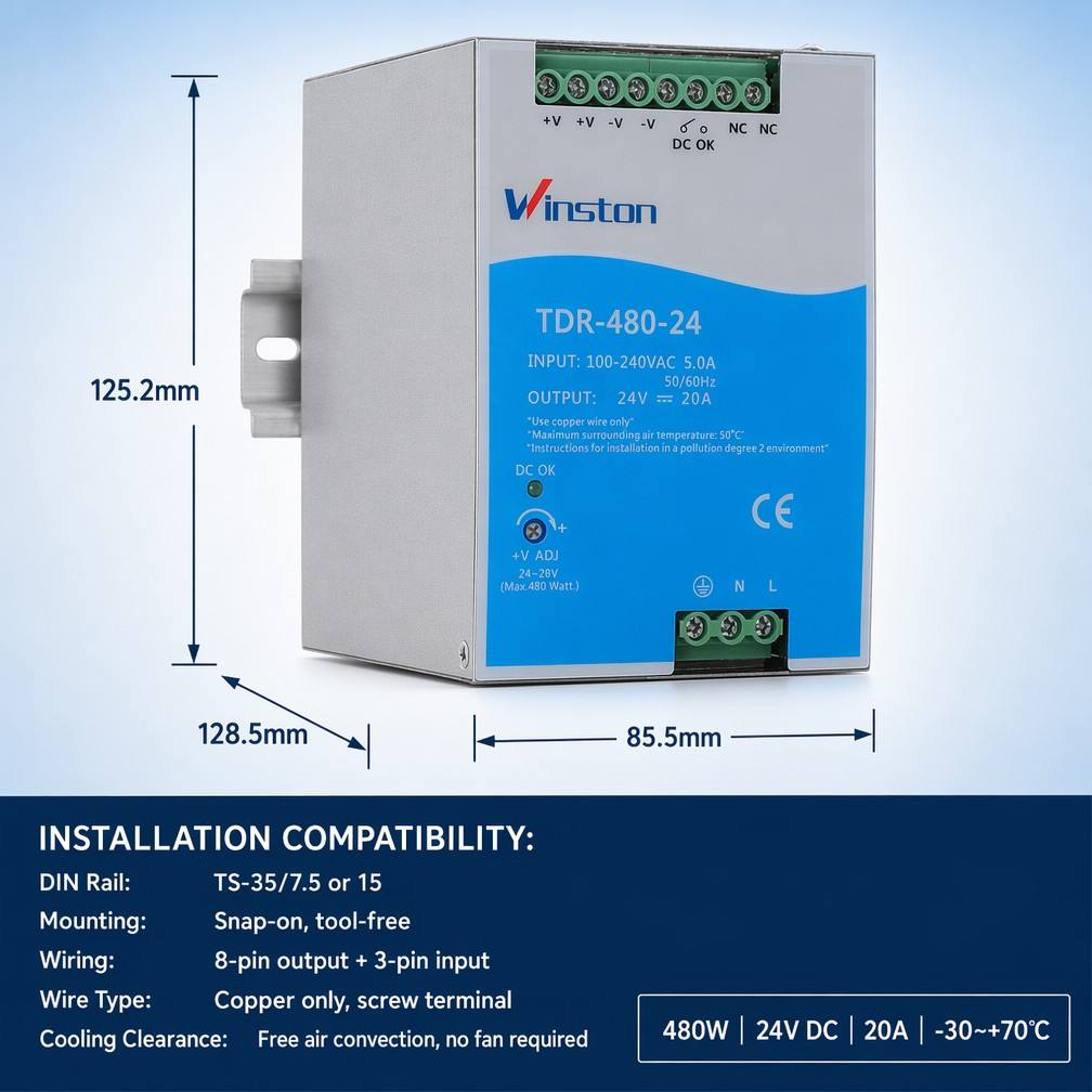 Industrial 480W 24V 20A DIN Rail Switching Power Supply AC-DC Single Output Active PFC High Efficiency for Automation PLC