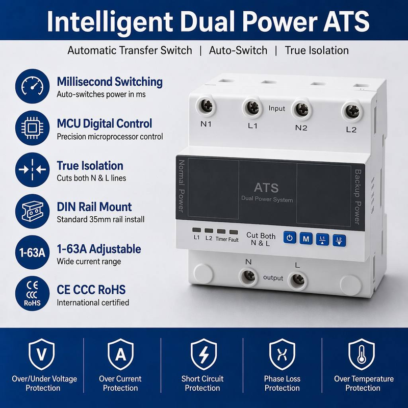 Dual Power Automatic Transfer Switch ATS MCU Control 1-63A AC220V 50/60Hz DIN Rail Mount Changeover Switch