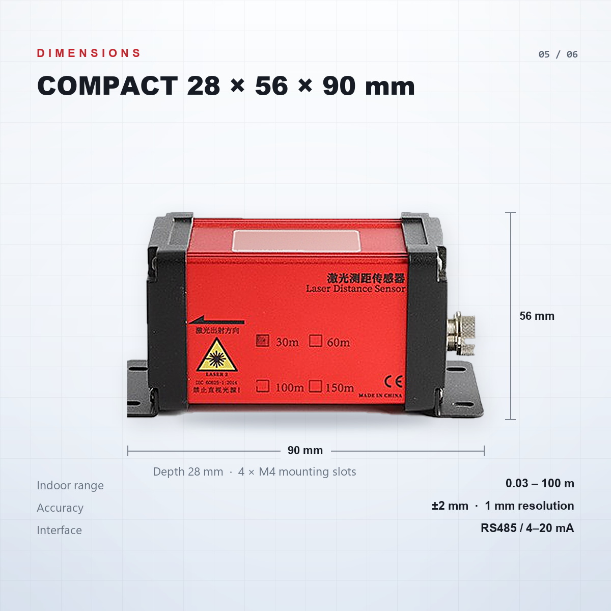 30m 60m 100m 200m Photoelectric Distance Measuring Sensor Module RS485 2mm Accuracy for AGV Robot and Conveyor Belt