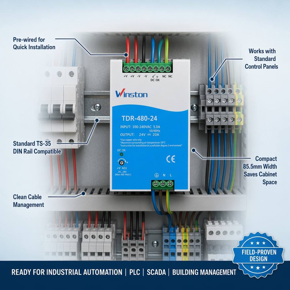 Industrial 480W 24V 20A DIN Rail Switching Power Supply AC-DC Single Output Active PFC High Efficiency for Automation PLC