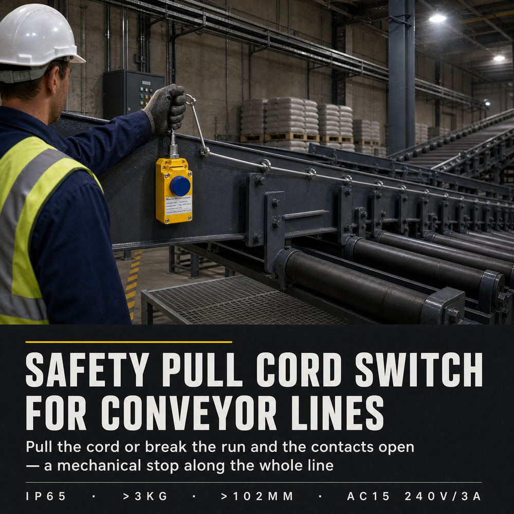 Industrial Conveyor Pull Cord Switch Safety Emergency Stop Rope Switch IP65 Cord Pull Switches AC15 240V/3A Electrical