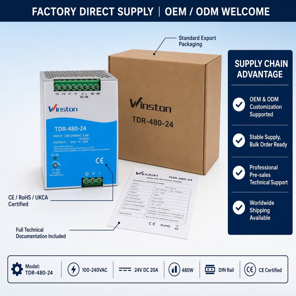 Industrial 480W 24V 20A DIN Rail Switching Power Supply AC-DC Single Output Active PFC High Efficiency for Automation PLC