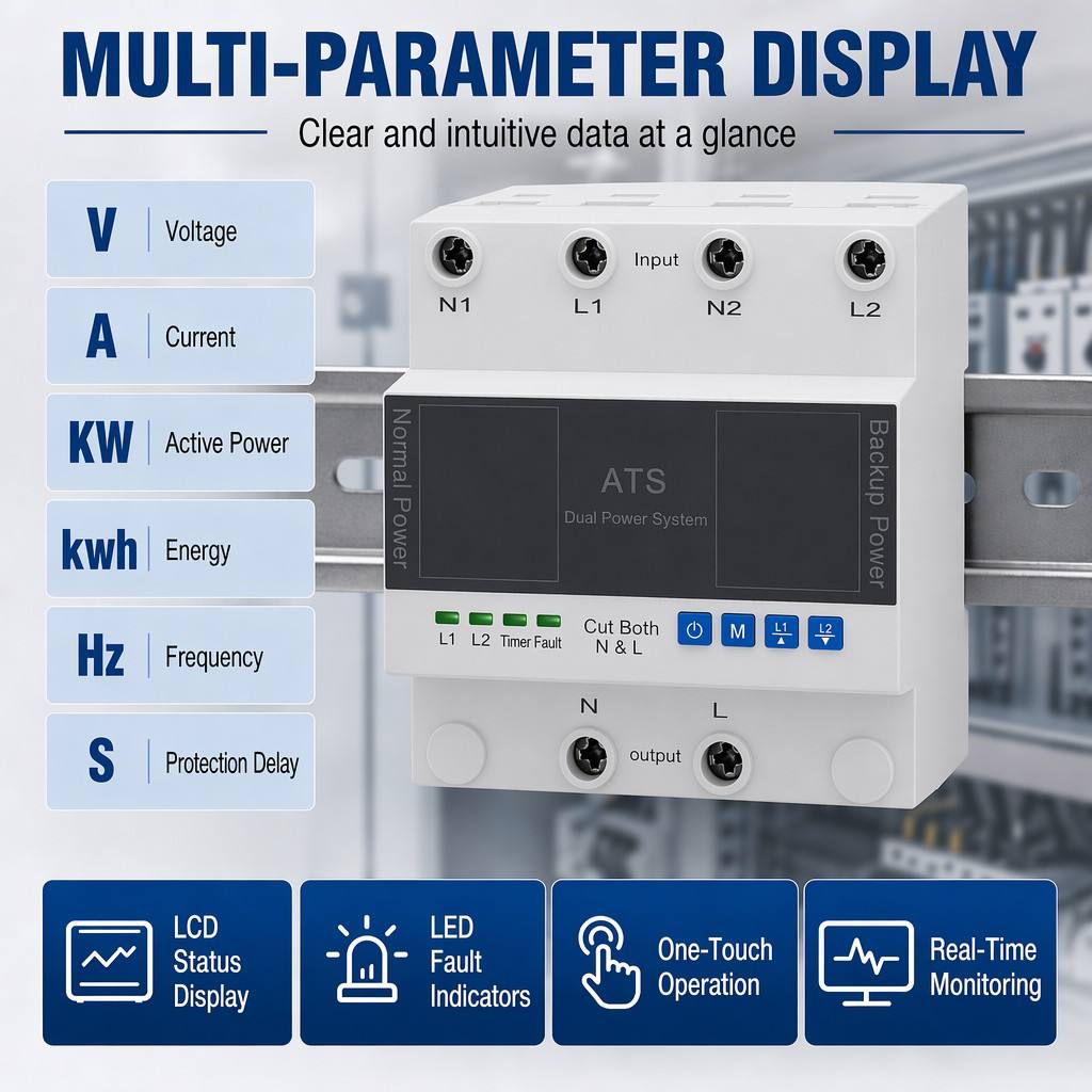 Dual Power Automatic Transfer Switch ATS MCU Control 1-63A AC220V 50/60Hz DIN Rail Mount Changeover Switch